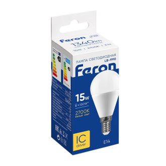 Лампа светодиодная Feron LB-990 Шарик E14 15W 175-265V 2700K, 53402
