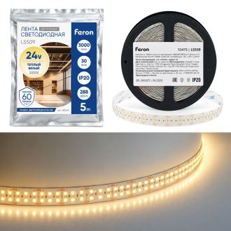 Лента светодиодная двухрядная, 288SMD(2835)/м 30Вт/м 24V 5000*20*1.8мм 3000К, IP20, LS509 FERON, 53475