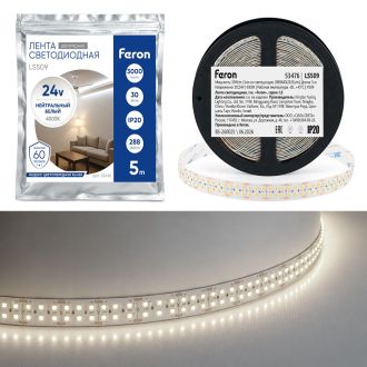 Лента светодиодная двухрядная, 288SMD(2835)/м 30Вт/м 24V 5000*20*1.8мм 4000К, IP20, LS509 FERON, 53476