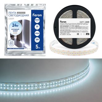 Лента светодиодная двухрядная, 288SMD(2835)/м 30Вт/м 24V 5000*20*1.8мм 6500К, IP20, LS509 FERON, 53477