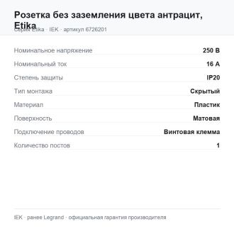 Розетка без заземления цвета антрацит, Etika, Legrand (IEK) 6726201