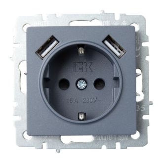 BRITE Розетка 1-местная с заземлением с защитными шторками 16А с USB A+A 5В 2,1А маренго