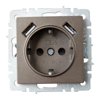 BRITE Розетка 1-местная с заземлением с защитными шторками 16А с USB A+A 5В 2,1А темная бронза