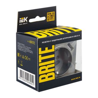BRITE Розетка 1-местная с заземлением с защитными шторками 16А с USB A+A 5В 2,1А сталь