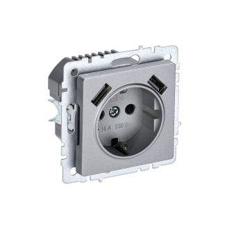BRITE Розетка 1-местная с заземлением с защитными шторками 16А с USB A+A 5В 2,1А алюминий