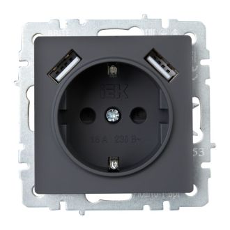 BRITE Розетка 1-местная с заземлением с защитными шторками 16А с USB A+A 5В 2,1А графит