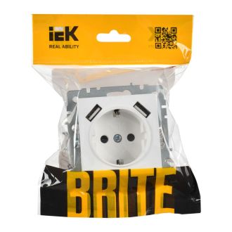 BRITE Розетка 1-местная с заземлением с защитными шторками 16А с USB A+A 5В 2,1А арктический белый
