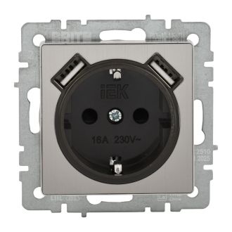 BRITE Розетка 1-местная с заземлением с защитными шторками 16А с USB A+A 5В 2,1А металл хром/никель