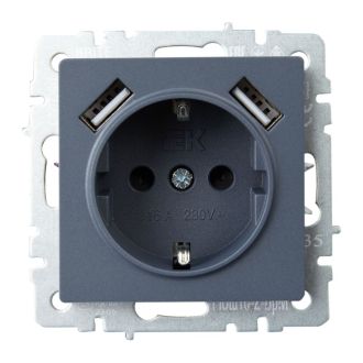 BRITE Розетка 1-местная с заземлением с защитными шторками 16А с USB A+A 5В 3,1А маренго