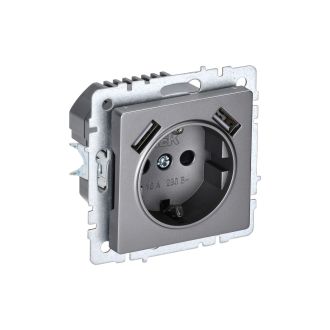 BRITE Розетка 1-местная с заземлением с защитными шторками 16А с USB A+A 5В 3,1А сталь