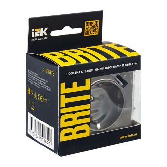 BRITE Розетка 1-местная с заземлением с защитными шторками 16А с USB A+A 5В 3,1А сталь