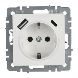 BRITE Розетка 1-местная с заземлением с защитными шторками 16А с USB A+C 18Вт белый