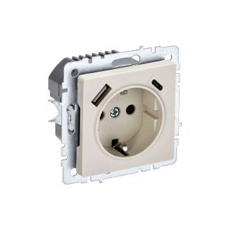BRITE Розетка 1-местная с заземлением с защитными шторками 16А с USB A+C 18Вт бежевый