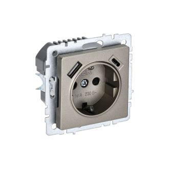 BRITE Розетка 1-местная с заземлением с защитными шторками 16А с USB A+C 18Вт шампань