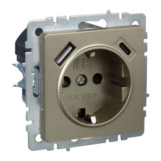 BRITE Розетка 1-местная с заземлением с защитными шторками 16А с USB A+C 18Вт шампань