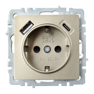 BRITE Розетка 1-местная с заземлением с защитными шторками 16А с USB A+C 18Вт шампань