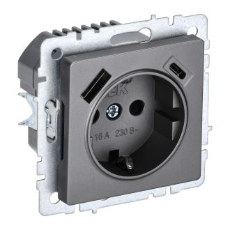 BRITE Розетка 1-местная с заземлением с защитными шторками 16А с USB A+C 18Вт сталь