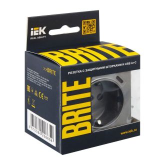 BRITE Розетка 1-местная с заземлением с защитными шторками 16А с USB A+C 18Вт сталь