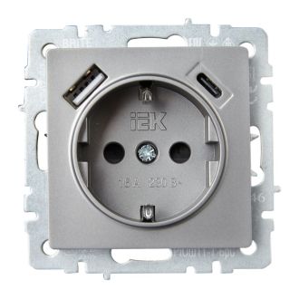 BRITE Розетка 1-местная с заземлением с защитными шторками 16А с USB A+C 18Вт сталь