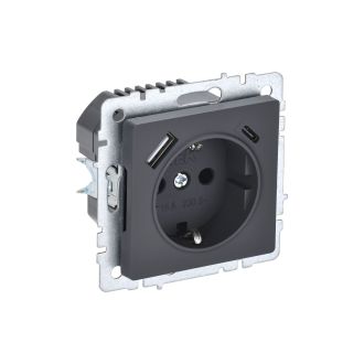 BRITE Розетка 1-местная с заземлением с защитными шторками 16А с USB A+C 18Вт графит