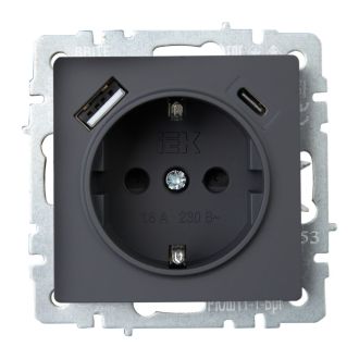 BRITE Розетка 1-местная с заземлением с защитными шторками 16А с USB A+C 18Вт графит