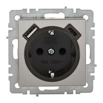 BRITE Розетка 1-местная с заземлением с защитными шторками 16А с USB A+C 18Вт металл хром/никель