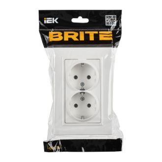 BRITE Розетка 2-местная с заземлением без защитных шторок плоская 16А в сборе арктический белый