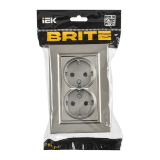 BRITE Розетка 2-местная с заземлением с защитными шторками плоская 16А в сборе шампань