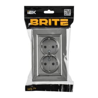 BRITE Розетка 2-местная с заземлением с защитными шторками плоская 16А в сборе сталь