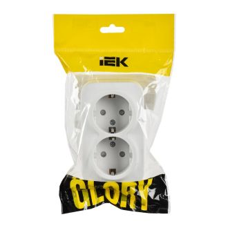 GLORY Розетка 2-местная для открытой установки с заземлением с защитными шторками 16А белый матовый