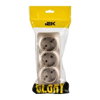 GLORY Розетка 3-местная для открытой установки с заземлением без защитных шторок 16А шампань матовый