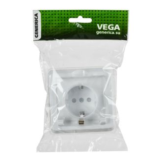 VEGA Розетка 1-местная с заземлением с защитными шторками с крышкой 16А IP44 белый GENERICA