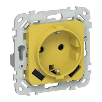 FLITE Розетка 1-местная с заземлением с защитными шторками 16А с USB A+A 3,1А безвинтовое крепление желтый карри