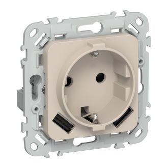 FLITE Розетка 1-местная с заземлением с защитными шторками 16А с USB A+A 3,1А безвинтовое крепление льняной