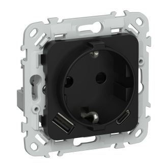 FLITE Розетка 1-местная с заземлением с защитными шторками 16А с USB A+C 20Вт безвинтовое крепление черный