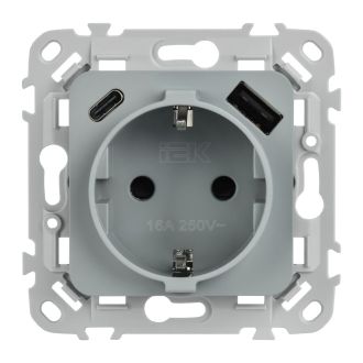 FLITE Розетка 1-местная с заземлением с защитными шторками 16А с USB A+C 20Вт безвинтовое крепление серый