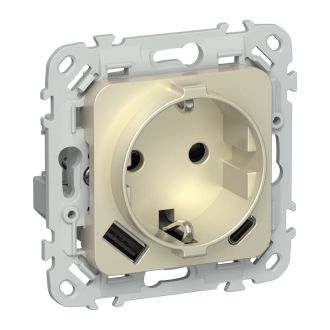 FLITE Розетка 1-местная с заземлением с защитными шторками 16А с USB A+C 20Вт безвинтовое крепление шампань