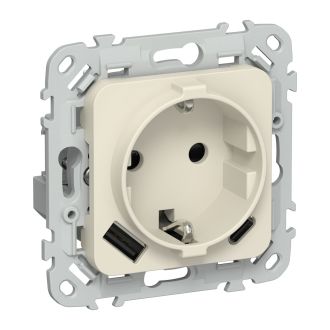FLITE Розетка 1-местная с заземлением с защитными шторками 16А с USB A+C 20Вт безвинтовое крепление сливочный