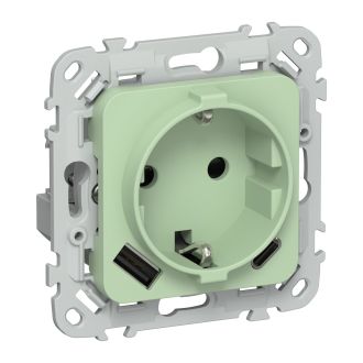 FLITE Розетка 1-местная с заземлением с защитными шторками 16А с USB A+C 20Вт безвинтовое крепление фисташковый