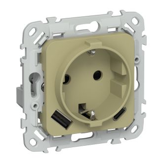 FLITE Розетка 1-местная с заземлением с защитными шторками 16А с USB A+C 20Вт оливковый