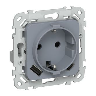 FLITE Розетка 1-местная с заземлением с защитными шторками 16А с USB A+C 20Вт маренго