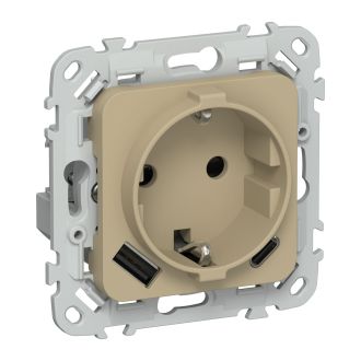 FLITE Розетка 1-местная с заземлением с защитными шторками 16А с USB A+C 20Вт хаки