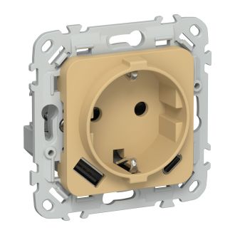 FLITE Розетка 1-местная с заземлением с защитными шторками 16А с USB A+C 20Вт шамуа