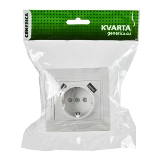 KVARTA Розетка с заземлением с защитными шторками 16А USBх2 2,1А белый GENERICA