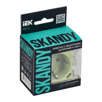 SKANDY Розетка с заземлением с защитными шторками 16А с USB C 18Вт мятный