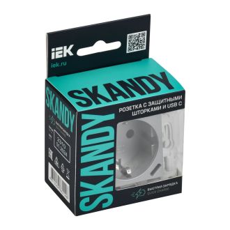 SKANDY Розетка с заземлением с защитными шторками 16А с USB C 18Вт серебряный