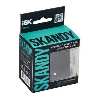 SKANDY Розетка с заземлением с защитными шторками 16А с USB C 18Вт титан