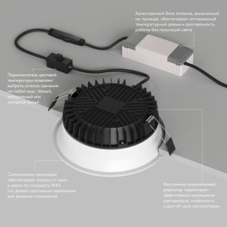 Встраиваемый влагозащищенный светильник TRIM, 18 Вт LED 3000-4000-6500K, IP44, алюминий, акрил